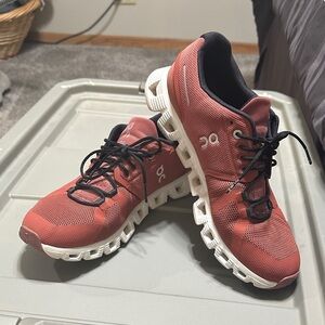 On Running Burgundy and White Sneakers